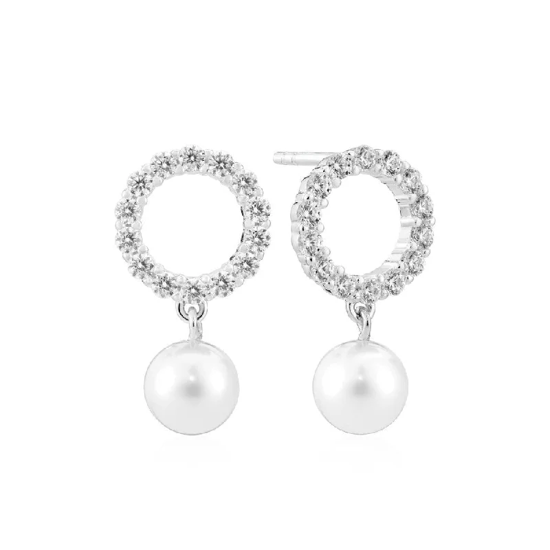 Women’s gemstone earrings-Biella Perla Uno Silver Earrings w. Zirconia & Pearl