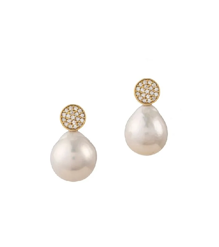 Women’s silver dangle earrings-Diamond Disk Pearl 18K Gold Drop Earrings