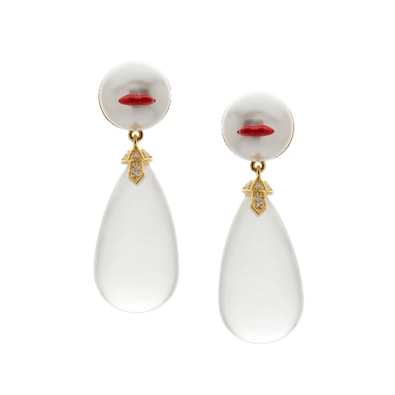 Women’s round earrings-Drop White Lips Gold Plated Earrings