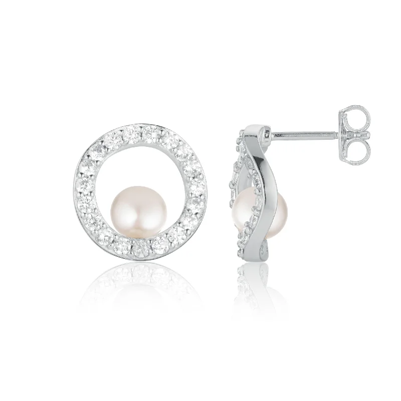 Women’s vintage gemstone earrings-Ponza Circolo Silver Earrings w. Zirconias & Pearl