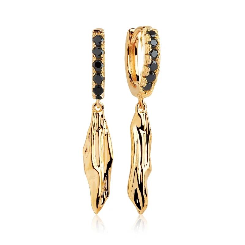 Women’s silver earrings-Vulcanello Lungo Gold Plated Earrings w. Black Zirconias