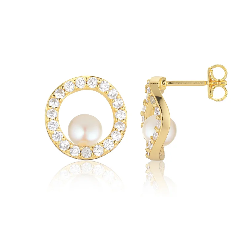 Women’s gold earrings-Ponza Circolo 18K Gold Plated Earrings w. Zirconias & Pearl