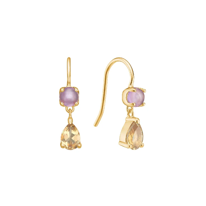 Women’s pearl earrings-Olalla 18K Gold Plated Hoops w. cabochon cut Amethyst & Quartz