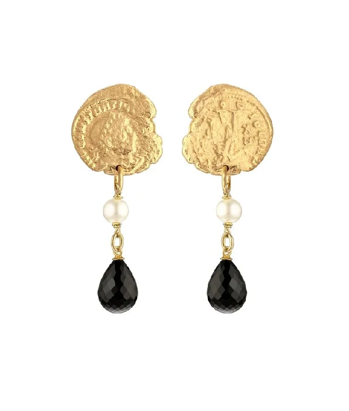 Women’s artistic earrings-Constantine Onyx Gold Plated Earrings w. Pearls