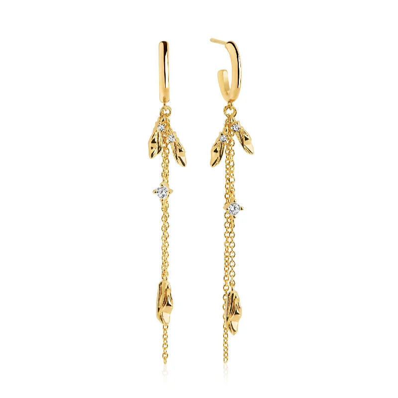 Women’s silver drop earrings-Vulcanello Double Chain Gold Plated Earrings w. White Zirconias