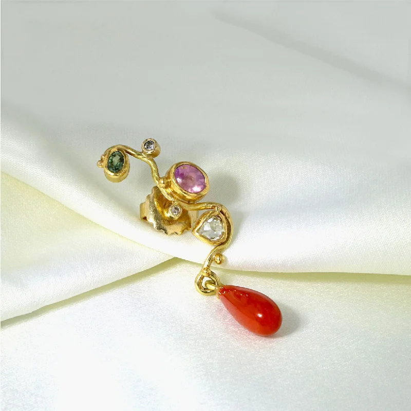 Women’s vintage gemstone earrings-Seafire 18K & 22K Gold Earring w. Diamond, Sapphires & Coral