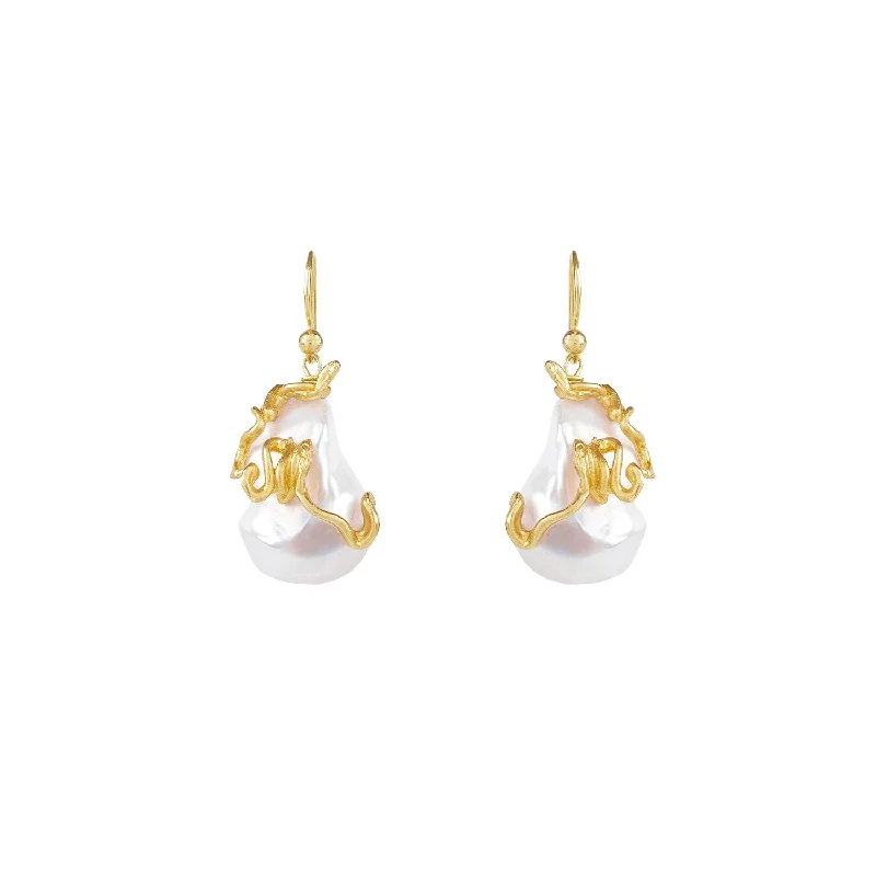 Women’s silver stud earrings-Delphin Pearl Drop Gold Plated Earrings w. Pearls