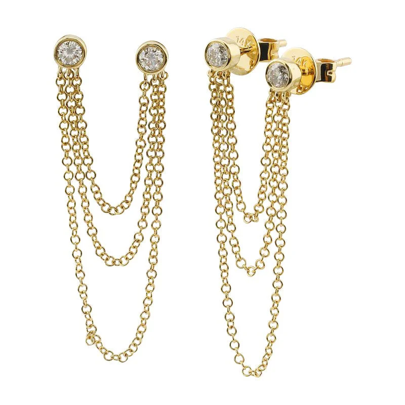 Women’s gold earrings-Bezel Diamond Triple Chain Earring