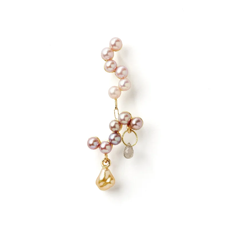 Women’s round earrings-Fine Curves 18K Gold Earring w. pink Pearls & green Sapphire