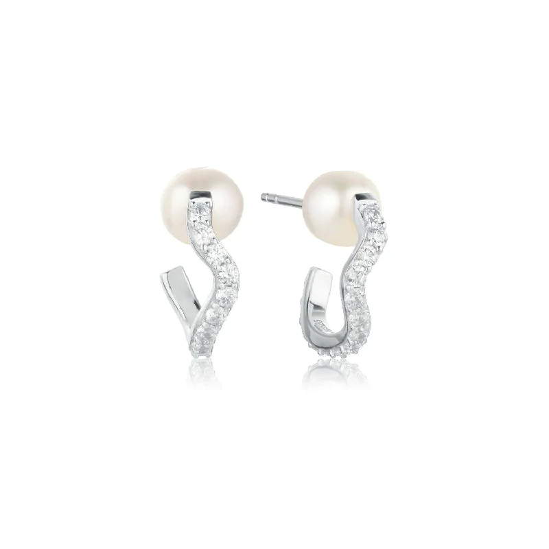 Women’s drop earrings-Ponza Medio Silver Creols w. Zirconias & Pearl