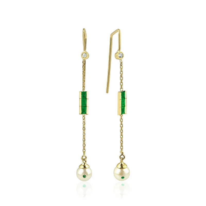 Women’s hanging earrings-Eline 18K Gold Earrings w. Diamonds, Emeralds & Pearls