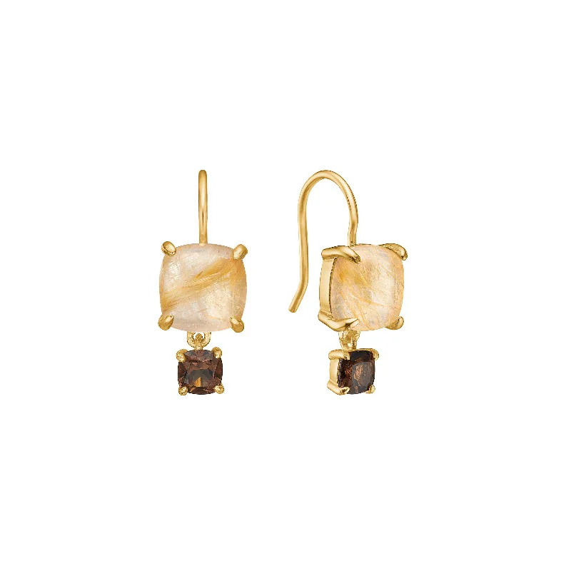 Women’s geometric earrings-18K Gold Plated Earrings w. Rutile & Smoked Quartz