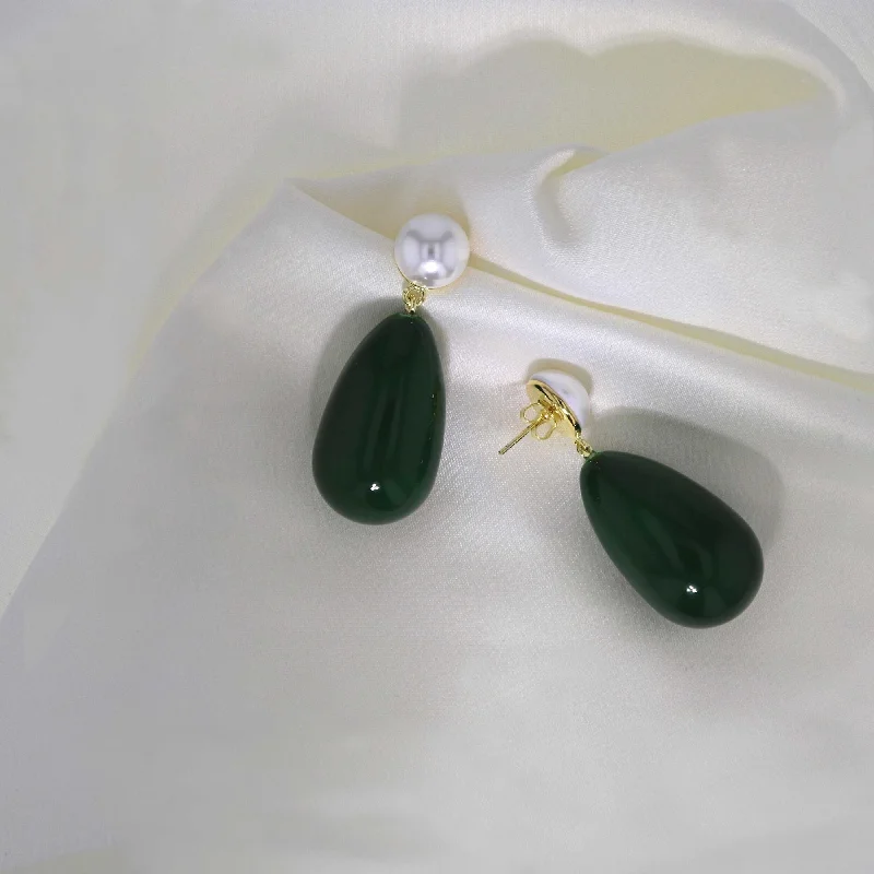 Women’s platinum earrings-Drop Green & White Gold Plated Earrings w. Pearls