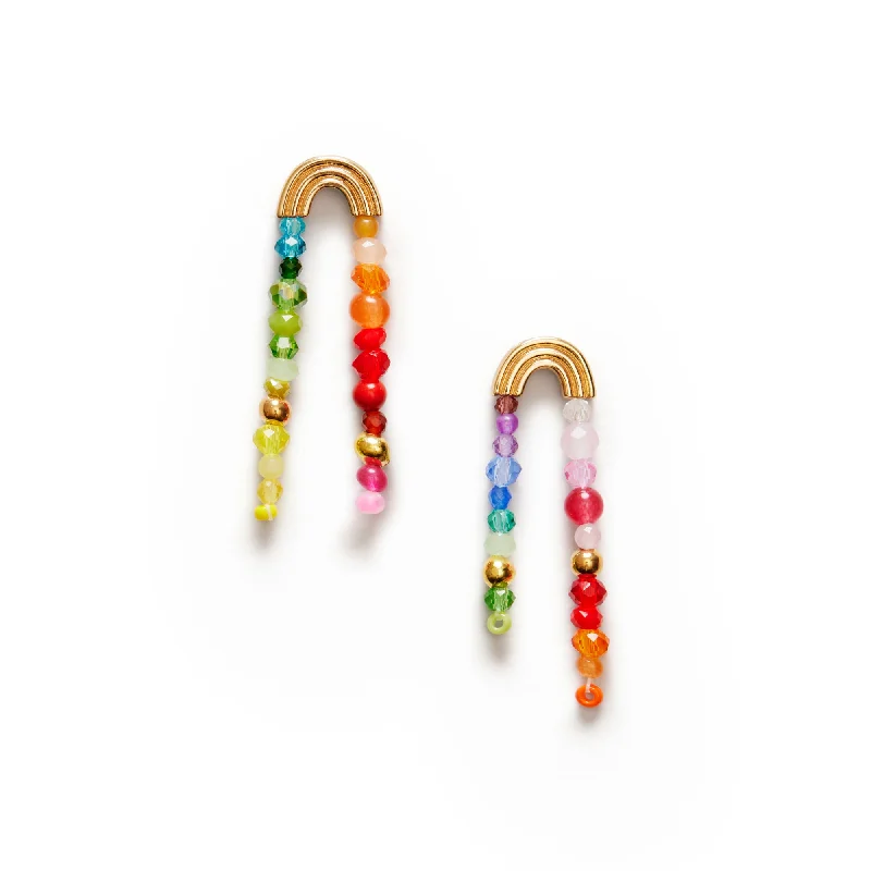 Women’s handmade earrings-Double Rainbow Gold Plated Earrings w. Mixed Beads