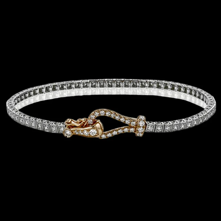 Women’s personalized bracelets-This 18k white and rose gold bracelet makes quite a statement with a buckle clasp and a full 1.00 ctw of white diamonds.