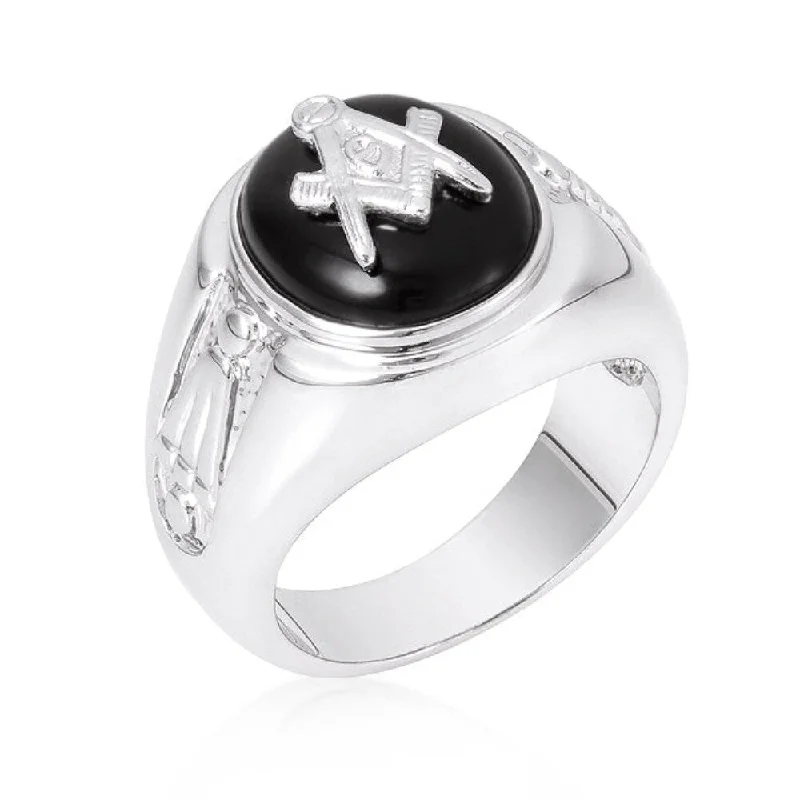 Women’s moonstone rings-Genuine Rhodium Plated Onyx Mens Ring