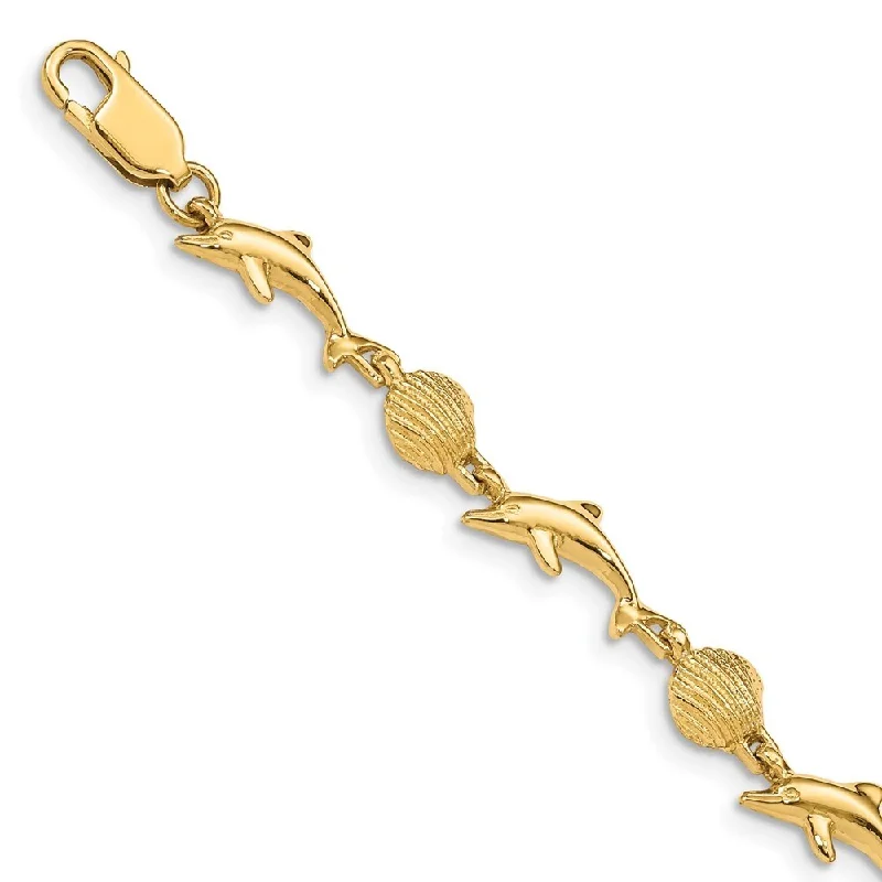 Women’s sterling silver bracelets-14k Yellow Gold 8mm Dolphin and Shell Bracelet, 7"