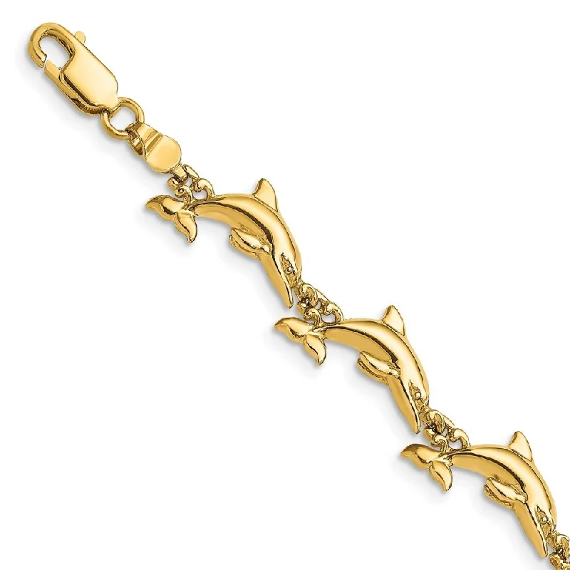 Women’s gold bracelets-14k Yellow Gold 6.99mm Polished 3-D Reversible Dolphin Bracelet, 7"