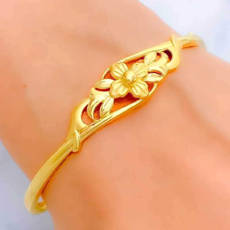 Women’s leather cuff bracelets-Evergreen Floral Motif 22k Gold Bangle Bracelet