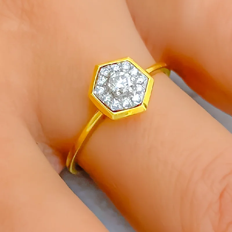 Women’s yellow gold engagement rings-Trendy Hexagon 18k Gold + Diamond Ring