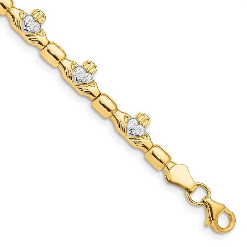 Women’s heart-shaped bangles-14k Yellow Gold w/Rhodium 6mm Diamond-Cut Claddagh Link Bracelet, 7.25"