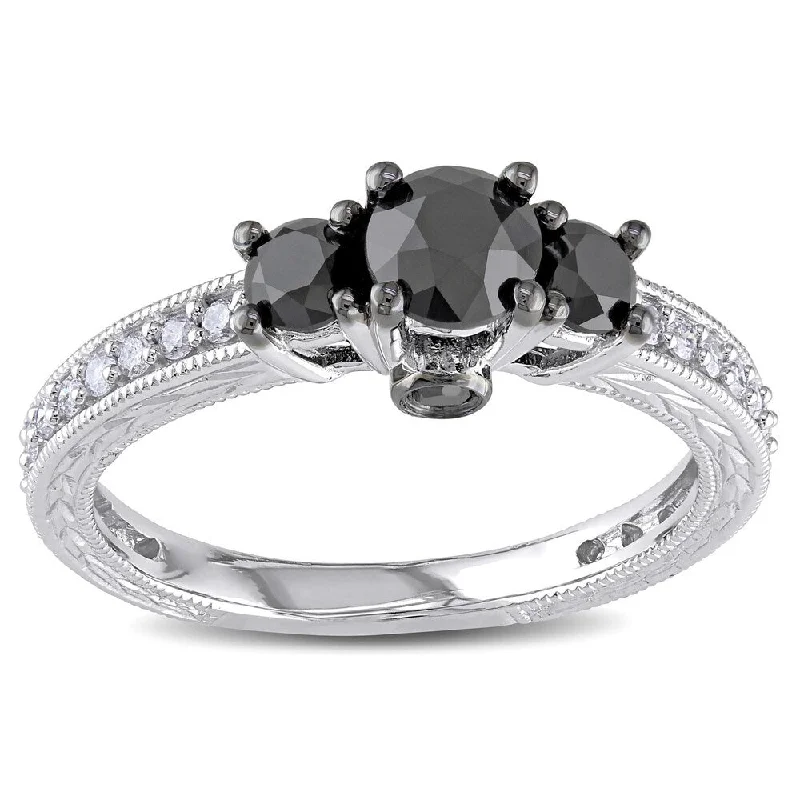 Women’s promise rings-Miadora 10k White Gold 1 1/4ct TDW Black and White Diamond 3-Stone Plus Ring