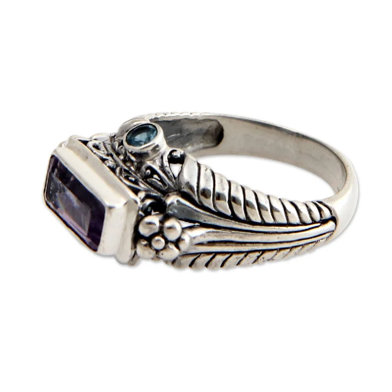 Women’s modern rings-NOVICA Handmade Amethyst and blue topaz cocktail ring Sea Temple (Indonesia)