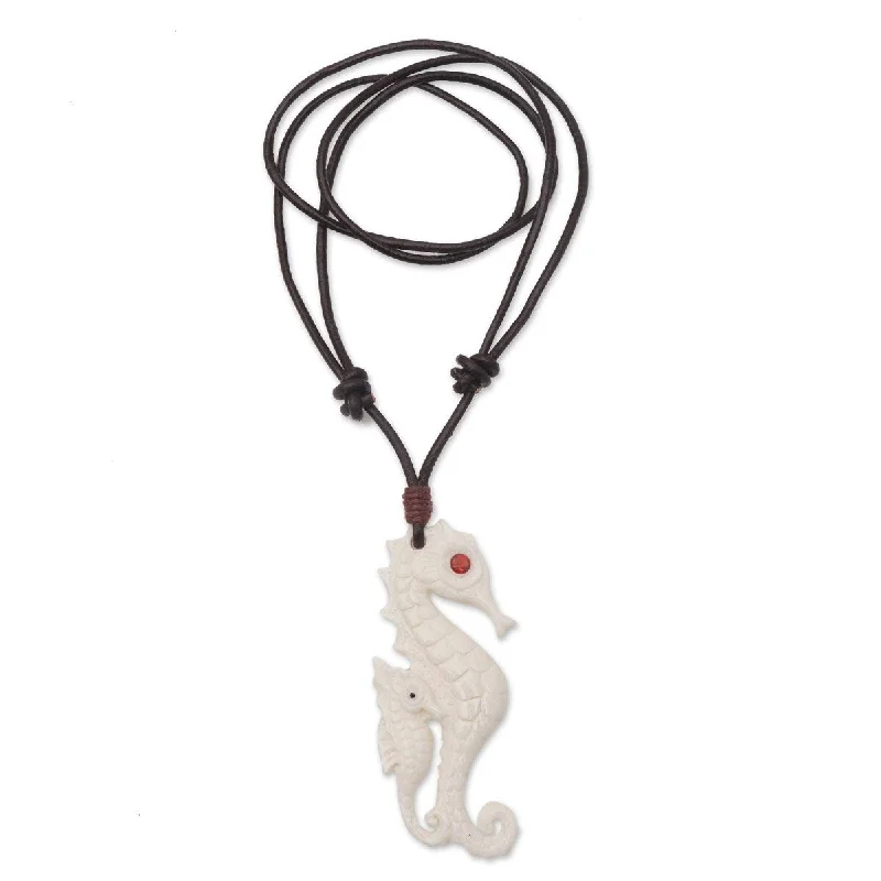 Women’s stackable rings-NOVICA Caring Seahorse, Bone and garnet pendant necklace - 18" min L - x 27.5" max L