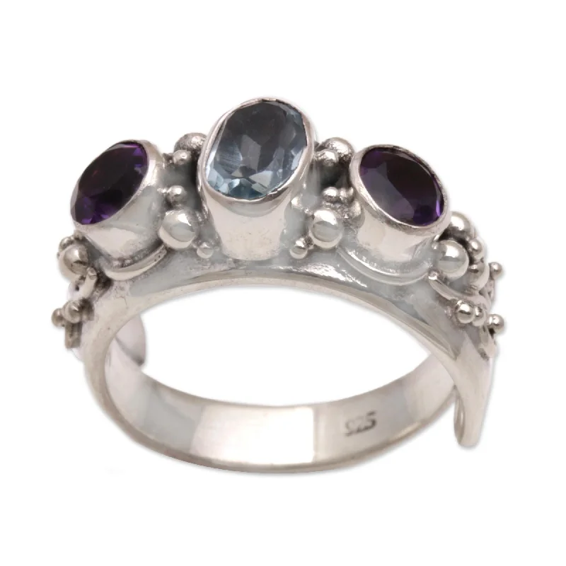 Women’s statement rings-Handmade Morning Joy Blue Topaz and Amethyst Sterling Silver Ring (Indonesia)