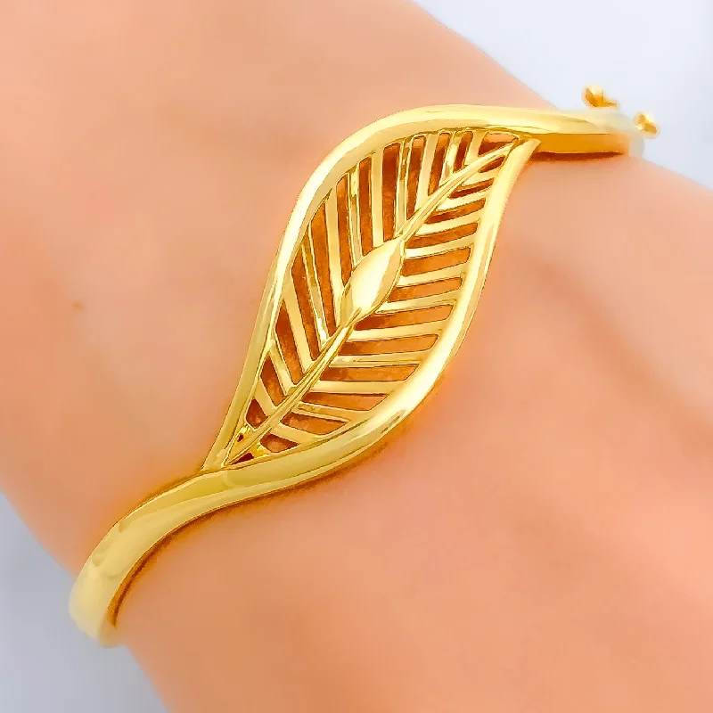 Women’s beaded bracelets-Majestic Concave Leaf 22k Gold Bangle Bracelet