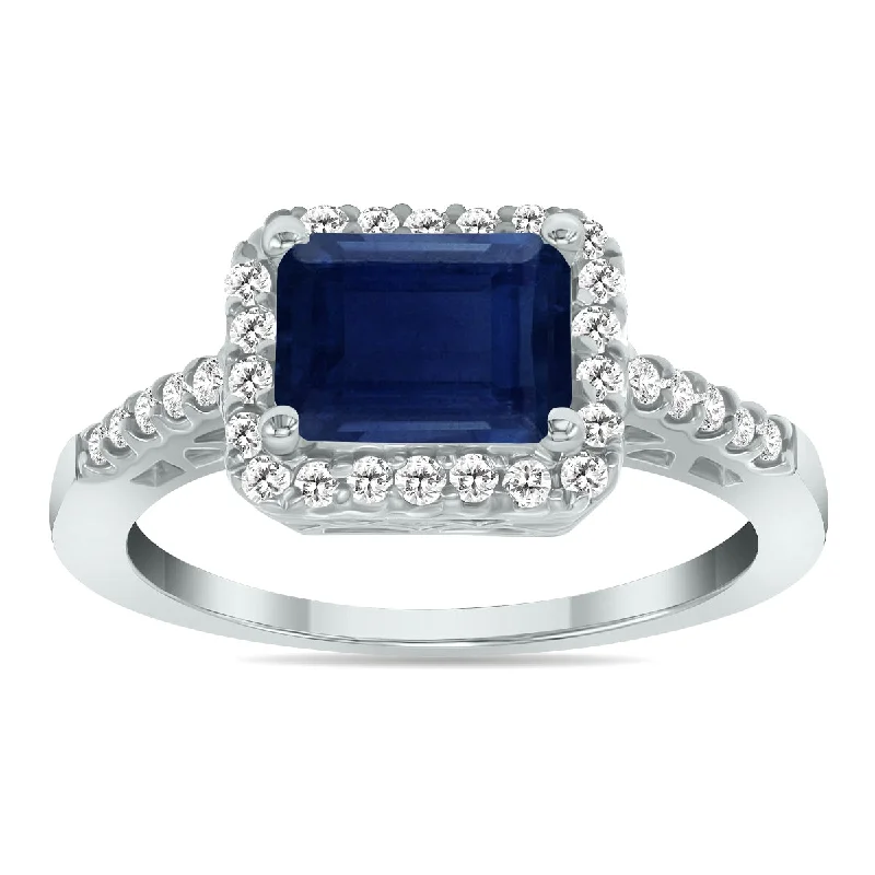 Women’s gold solitaire engagement rings-2 1/2 Carat Tw Emerald Cut Sapphire Diamond Ring In 10K White Gold