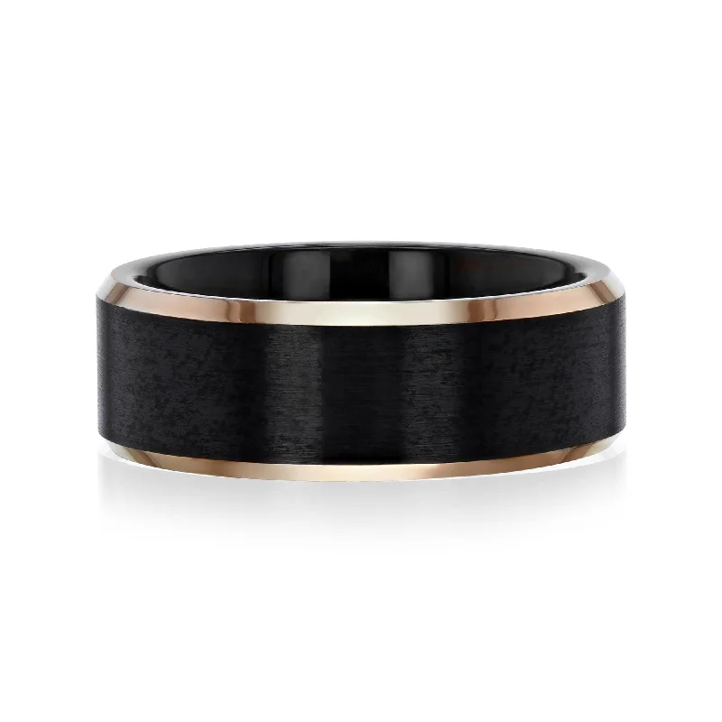 Women’s trendy rings-Annello by Kobelli The Boston 8mm Black Satin Rose Gold Edge Tungsten Carbide Ring