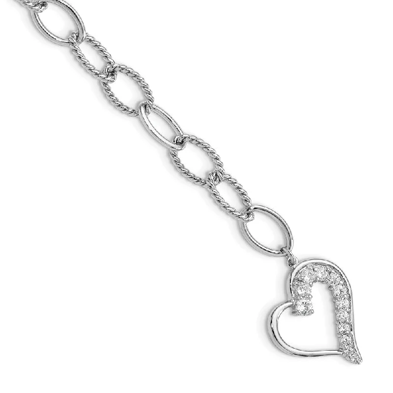 Women’s statement bracelets-Sterling Silver Rhodium Plated Journey Heart CZ Dangle Bracelet-WBC-QG2178-7.5