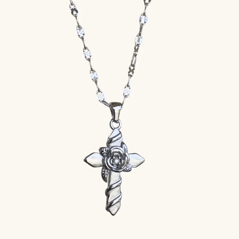 Women’s silver pendant necklaces-Silver Rose Embraced Cross Necklace