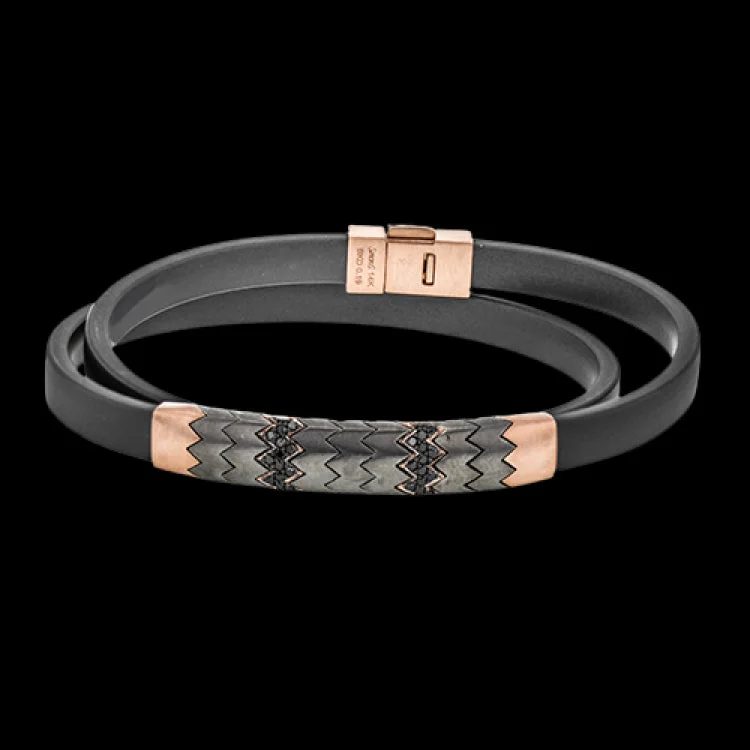 Women’s chunky bracelets-For the fashionable man this contemporary men's bracelet of black rubber has a zig zag design in titanium and rose gold, and highlighted by 0.19 ctw of black diamonds