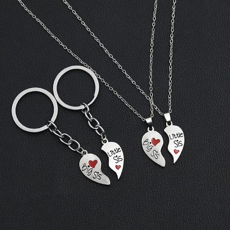 Women’s three-stone rings-2 Set Sister Necklace Heart Shape Durable Stainless Cute Key Ring For Gift - Silver