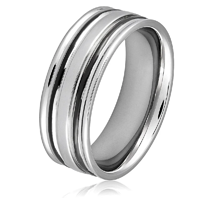 Women’s minimalist diamond rings-Men's Stainless Steel Black Plated Grooved Ring - White