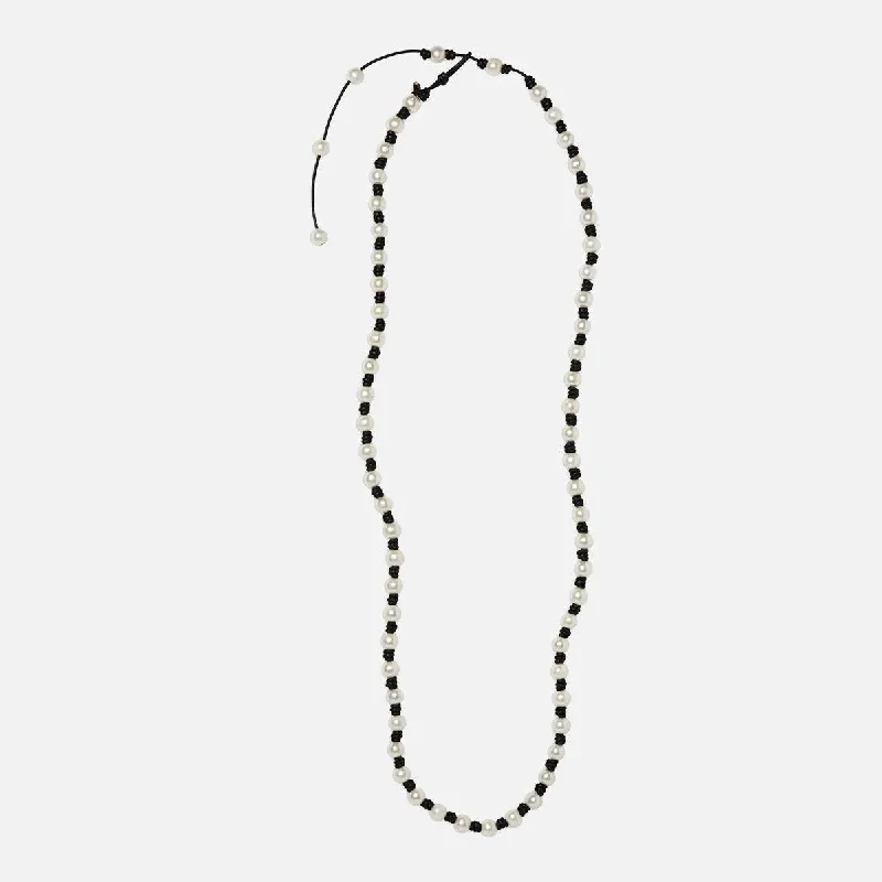 Women’s long chain necklaces-Long Knotted 10MM Pearl and Leather Necklace with Tail