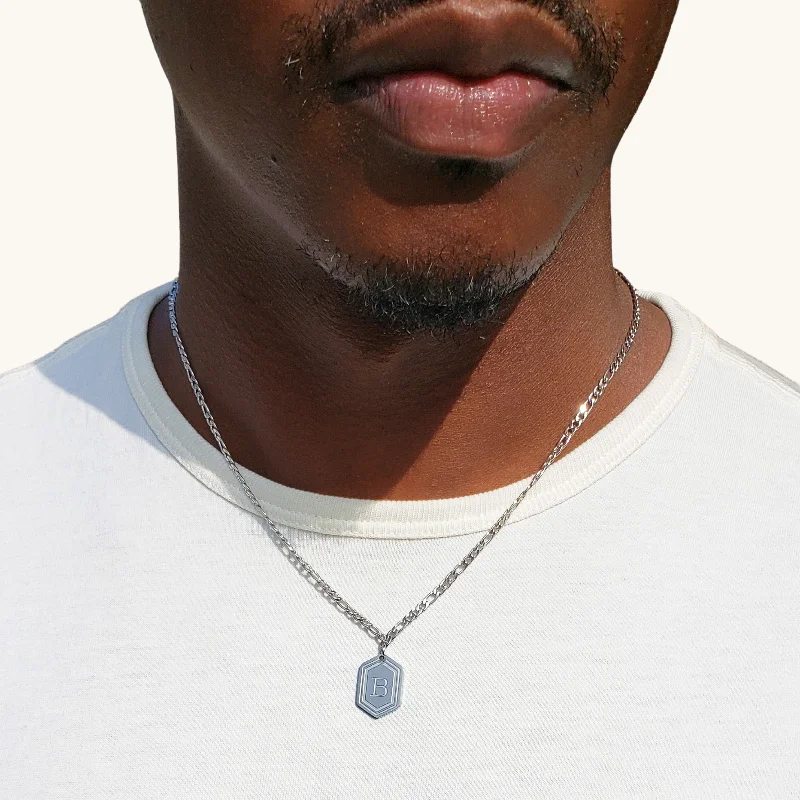 Women’s men’s style necklaces-Men's Silver Hexagon Letter Necklace