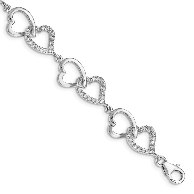 Women’s cuff bracelets-925 Sterling Silver Rhodium-plated Cubic Zirconia Heart Bracelet, 7.75"