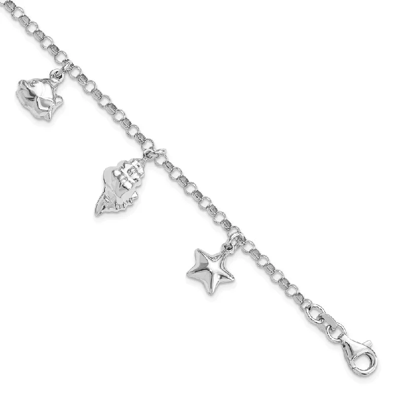 Women’s matching bangle sets-Sterling Silver Rhodium-plated Beach Theme Charm Bracelet-WBC-QG4205-7