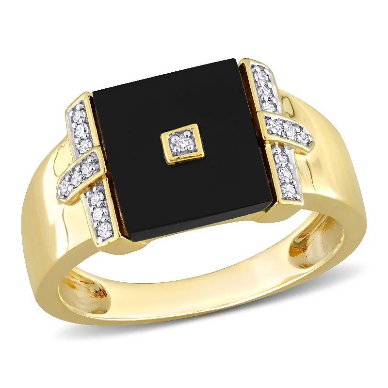 Women’s white gold rings-Miadora 8ct TGW Square Black Onyx and 1/10ct TDW Diamond Mens Ring in Yellow Silver