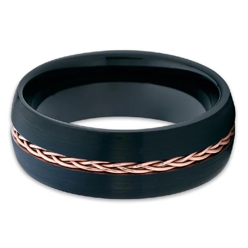 Women’s geometric rings-8Mm Black Tungsten Carbide Ring Rose Gold Braid Comfort Fit