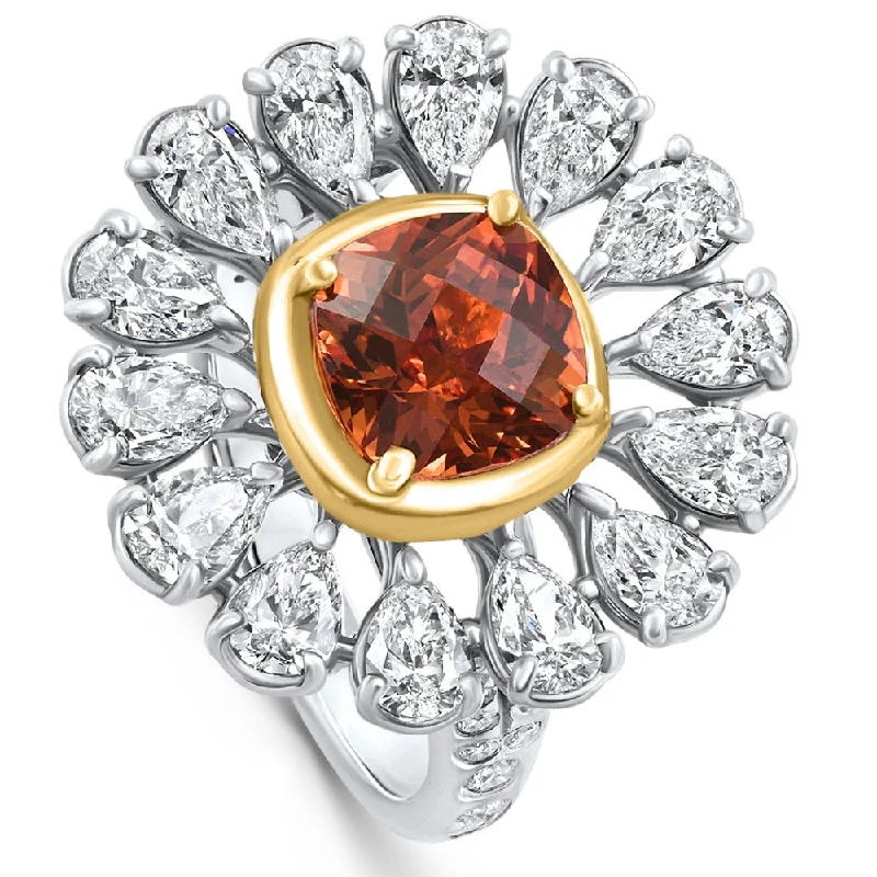 Women’s two-tone engagement rings-Designer 7.52Ct Orange Lab Sapphire & Pear Shape Diamond Ring 18k Gold 10.2gram