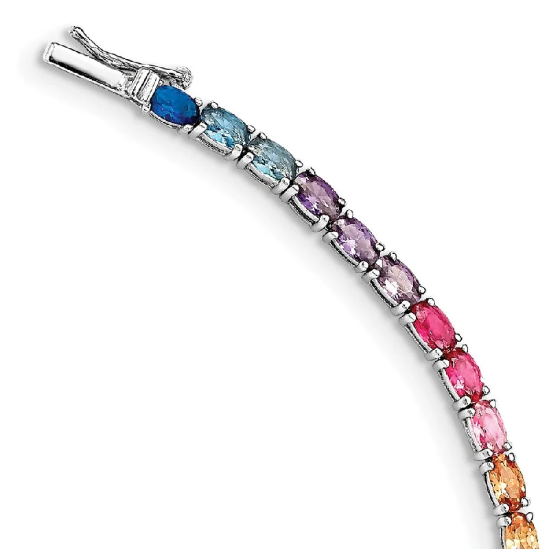 Women’s diamond bracelets-Sterling Silver Rhodium-plated Oval Colorful CZ Tennis Bracelet-WBC-QG5660-7.5