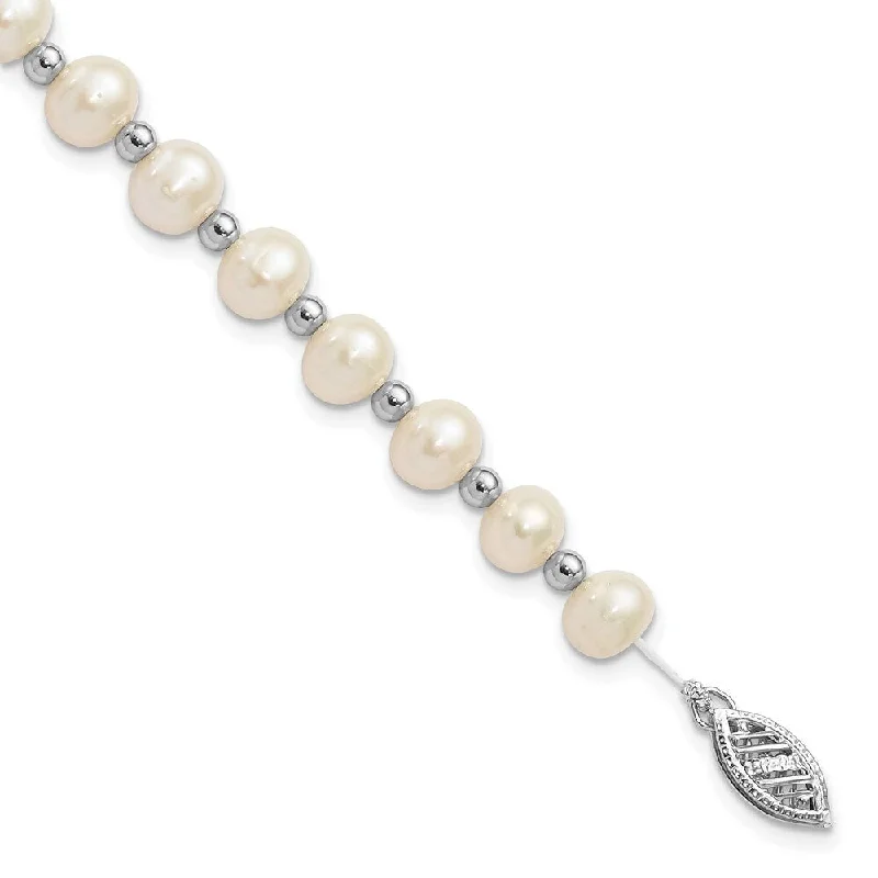 Women’s bohemian bangles-14k White Gold 6-7mm White Near Round FW Cultured Pearl Bead Bracelet, 7"