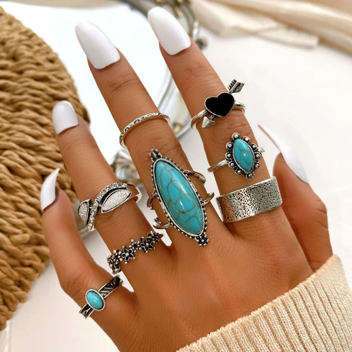 Women’s gold rings-Novelty Round Alloy Plating Inlay Turquoise Women'S Rings