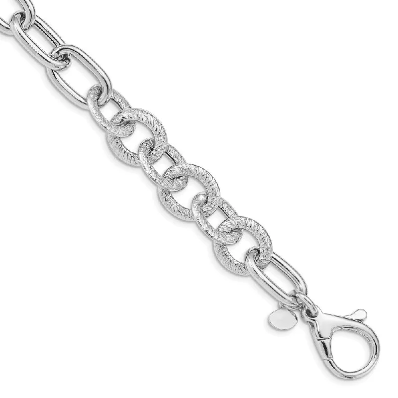 Women’s silver charm bracelets-Sterling Silver Rhodium Plated Polished Textured Fancy Link Bracelet-WBC-QG4845-8