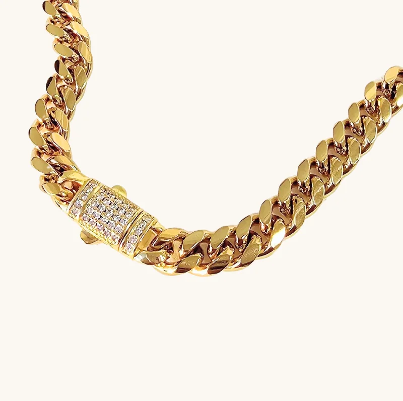 Women’s gold chain with pendant necklaces-Diamond Clasp Cuban Link Necklace