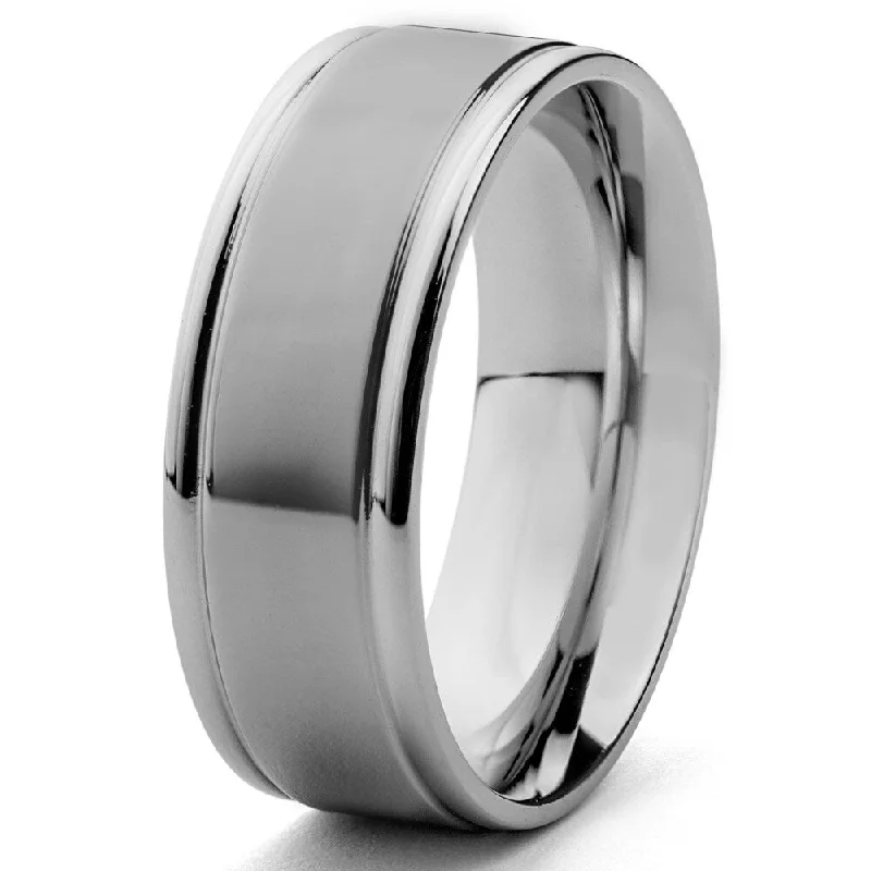 Women’s heart-shaped rings-Men's Dual Finish Stainless Steel Grooved Comfort Fit Ring - 8mm Wide